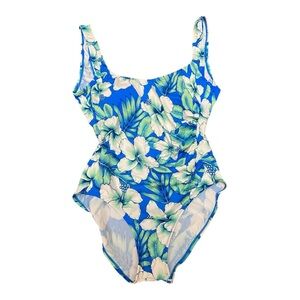 Ultimate Vintage Hawaiian Print One Piece Swimsuit Luau Blue Tropical